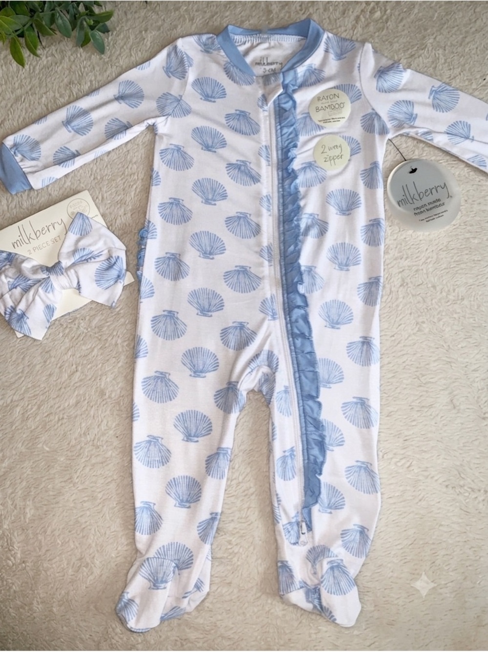 NWT Milkberry White & Blue Seashells Ruffle Footie 3-6M